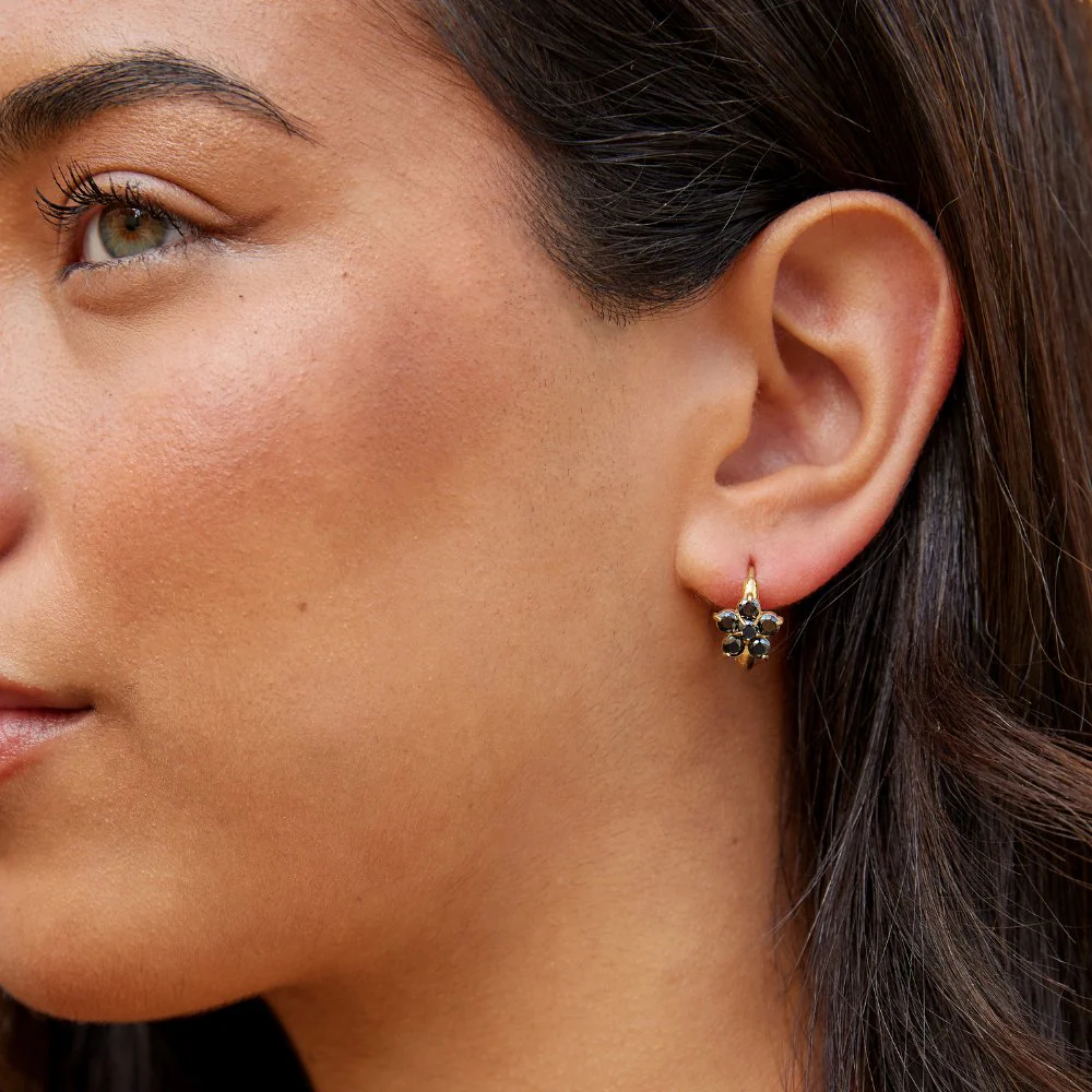 Black Crystal Flower Hoop Earrings - Image 2