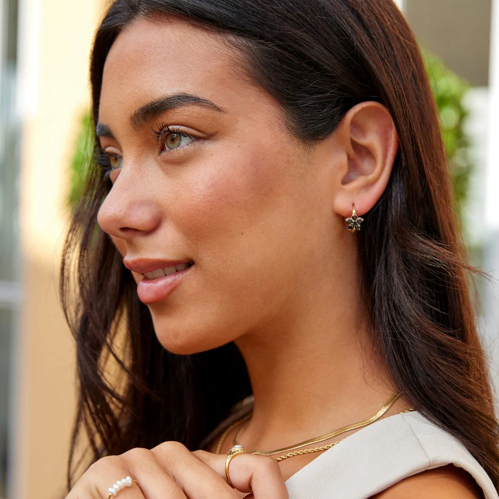 Black Crystal Flower Hoop Earrings - Image 3