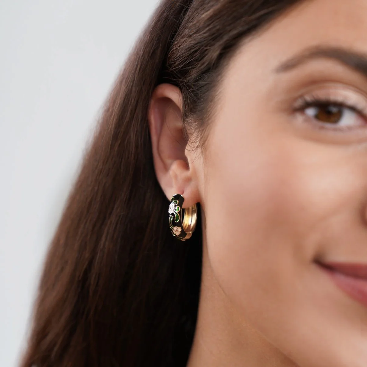 Black Gold Hoop Flower Earrings - Image 2