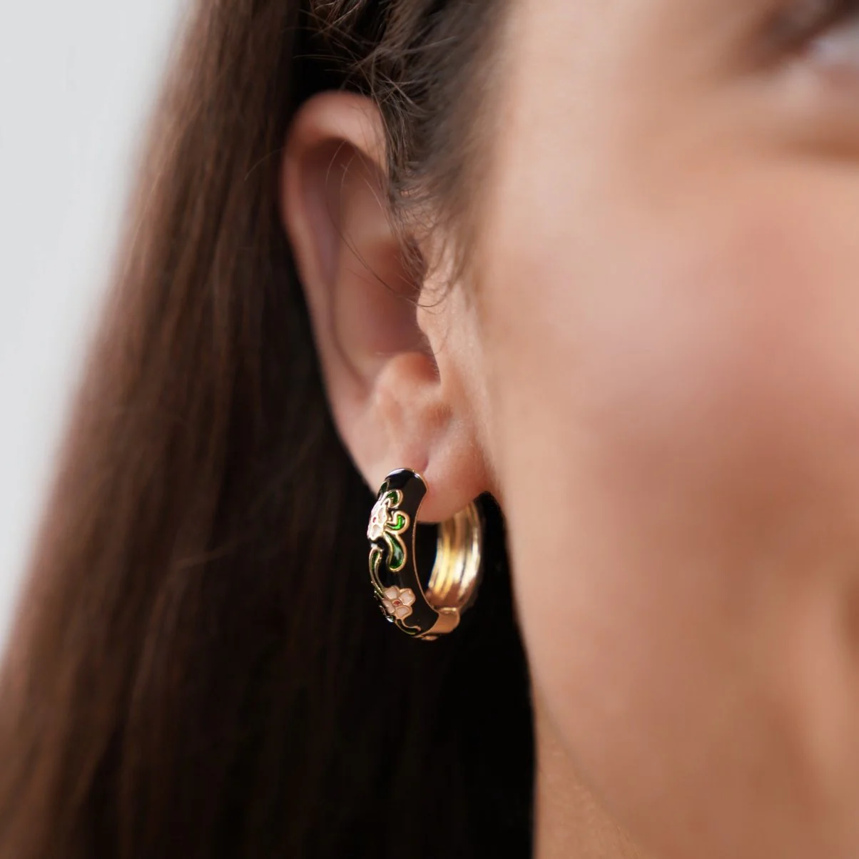 Black Gold Hoop Flower Earrings - Image 3