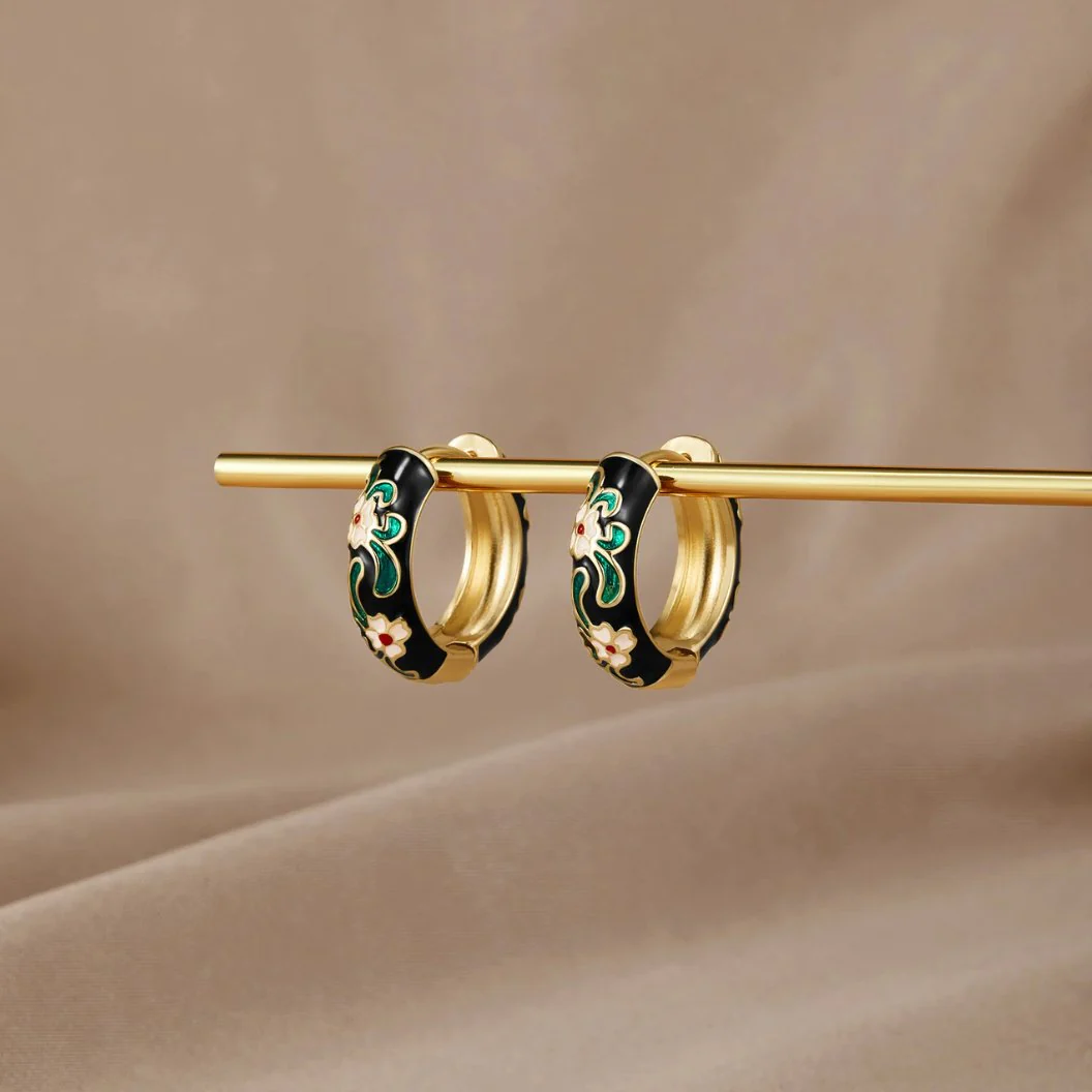 Black Gold Hoop Flower Earrings - Image 4