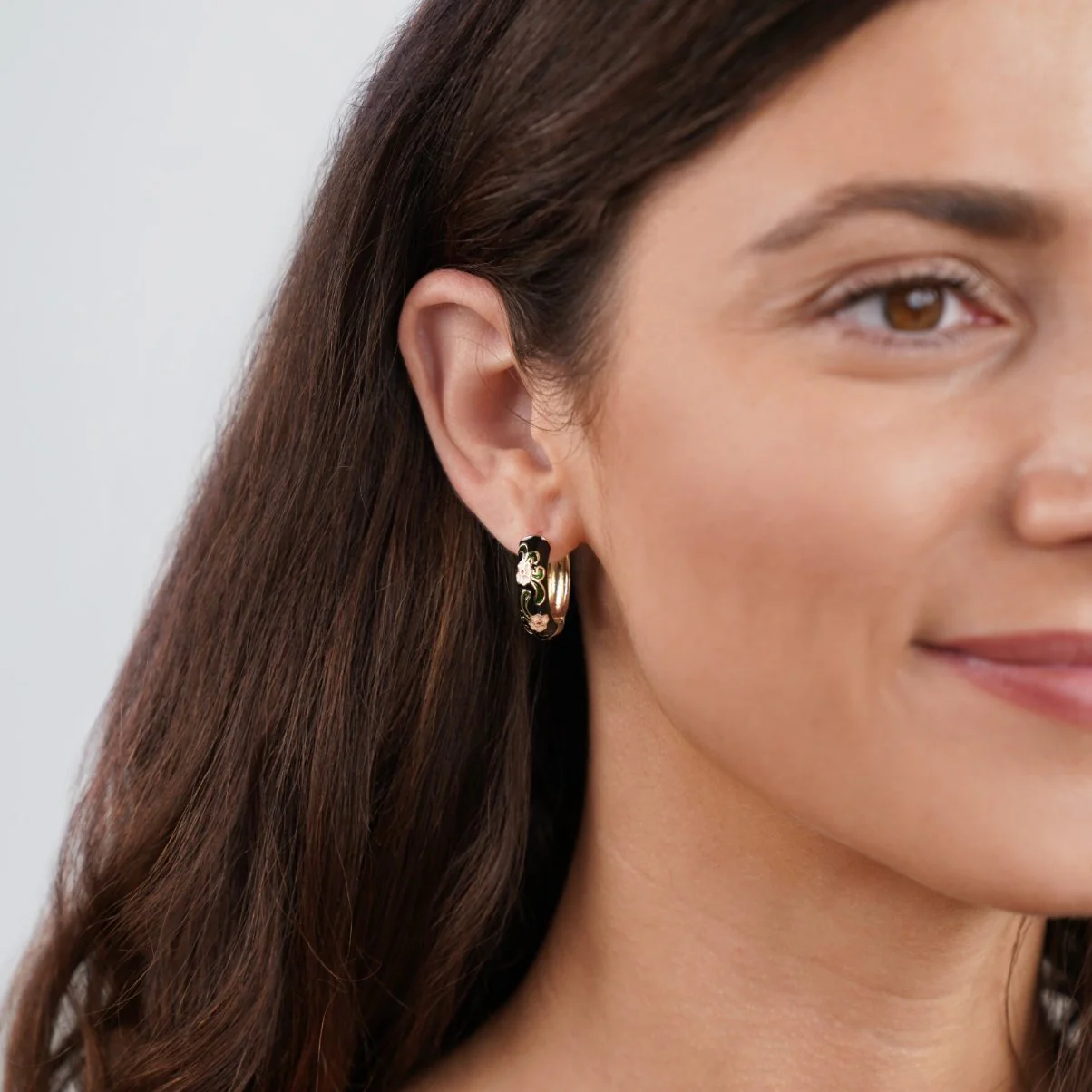 Black Gold Hoop Flower Earrings - Image 5