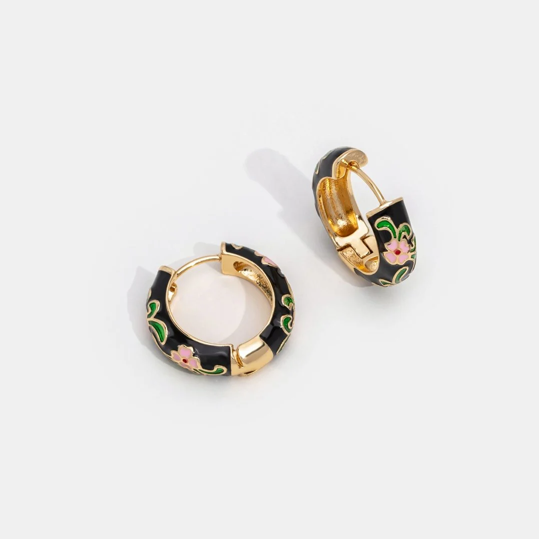 Black Gold Hoop Flower Earrings - Image 6