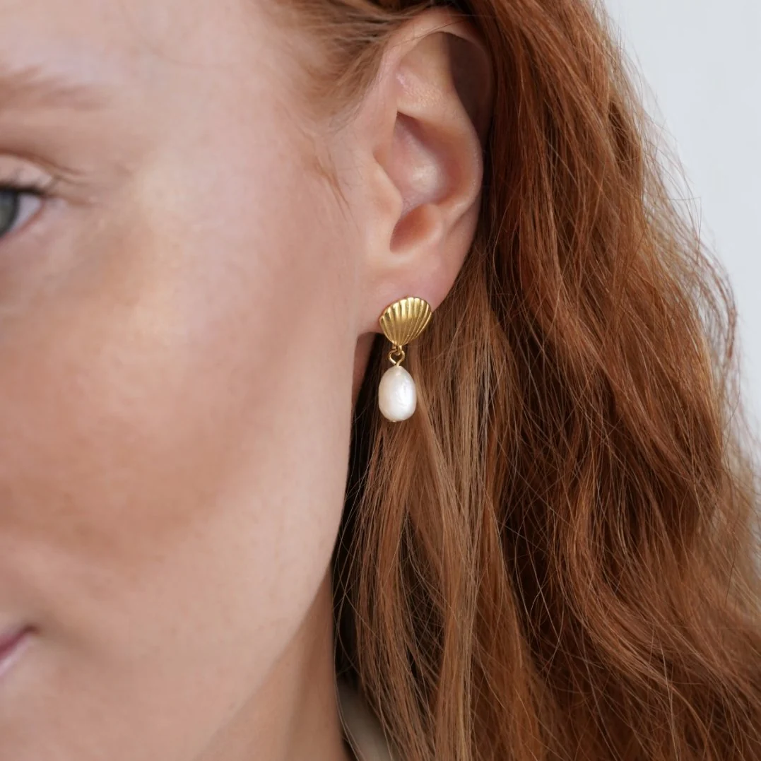 Freshwater Pearl & Gold Shell Earrings - Image 5