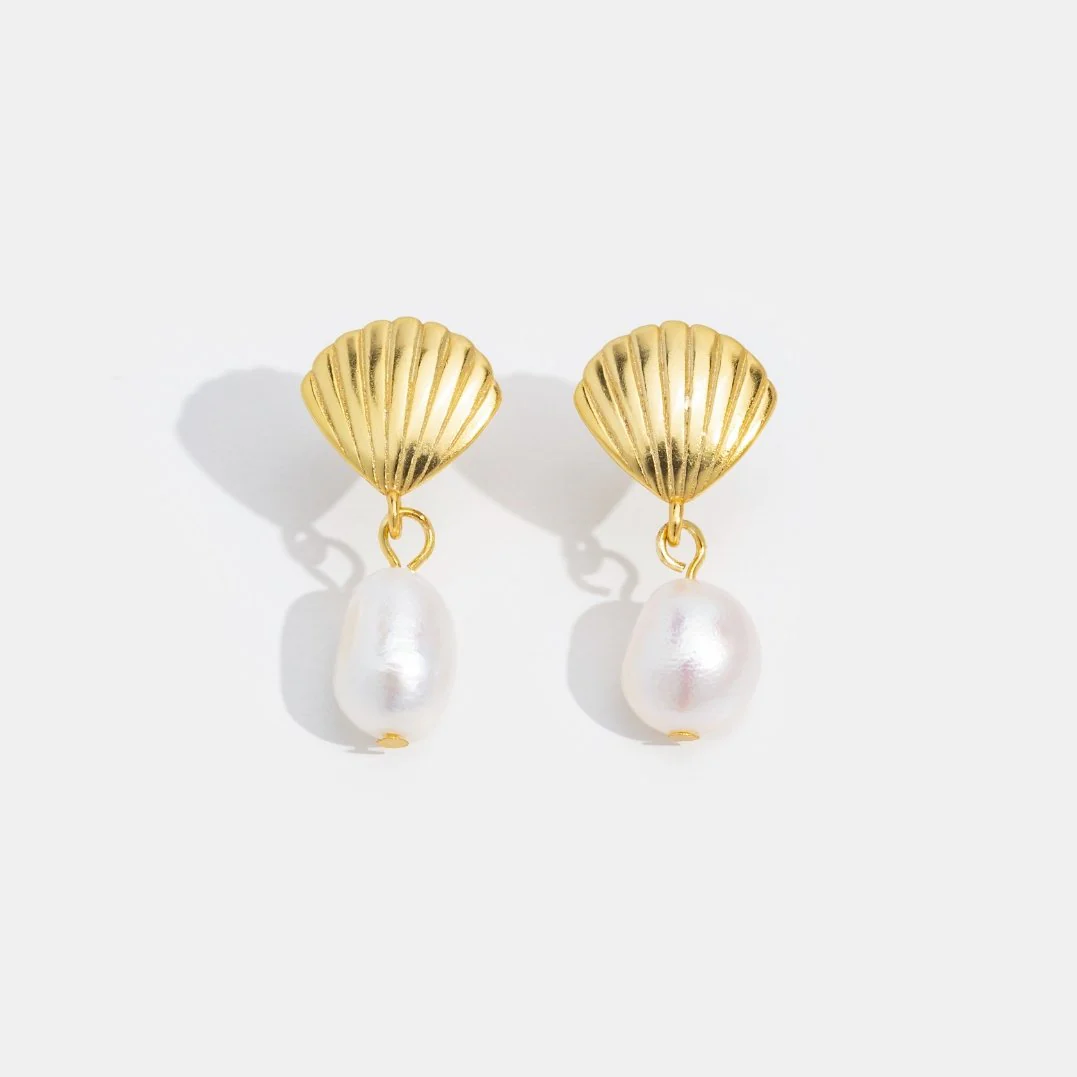 Freshwater Pearl & Gold Shell Earrings - Image 6