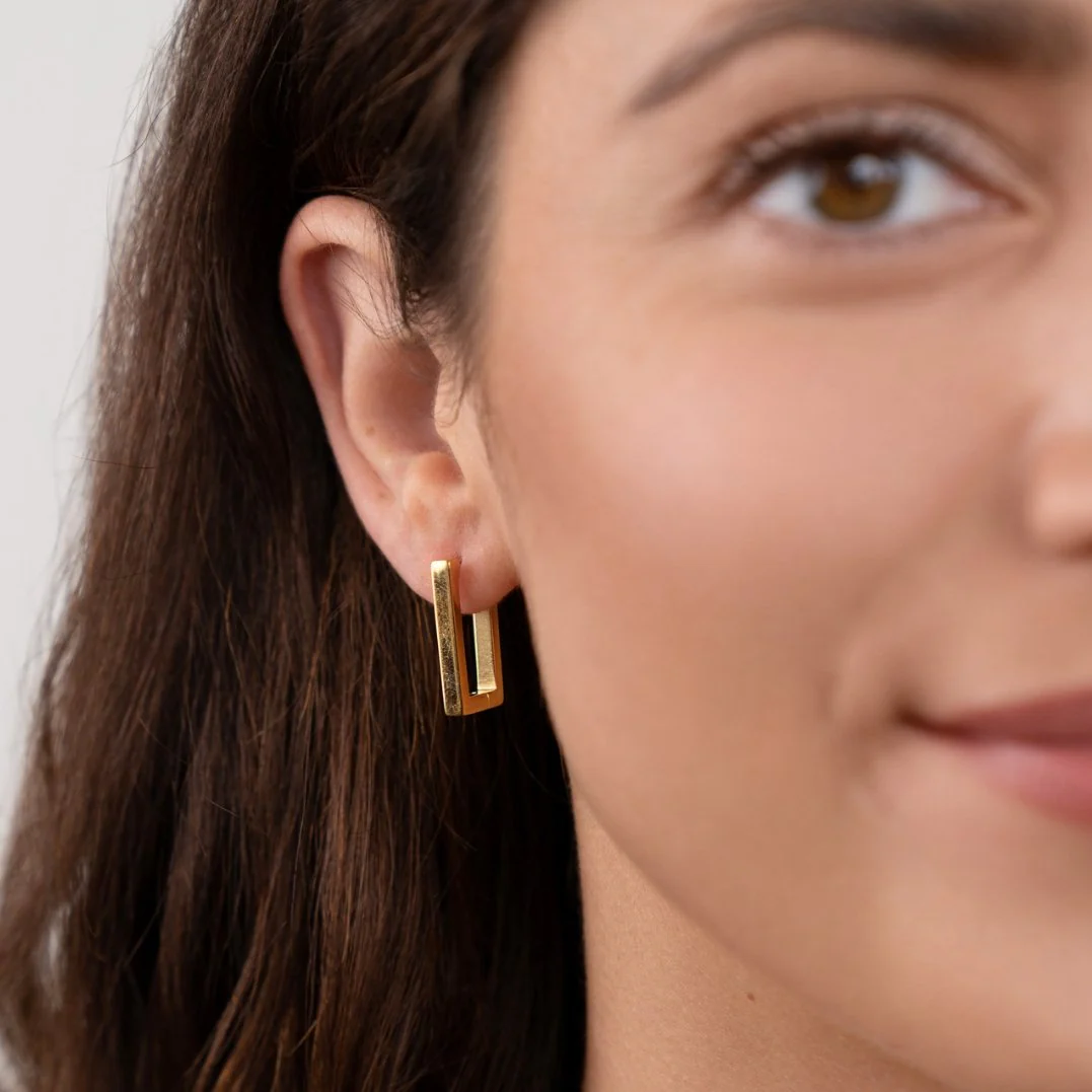 Gold Rectangle Hoop Earrings - Image 2