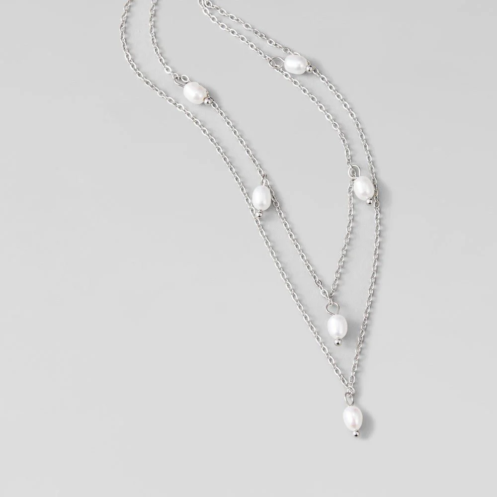 Kayla Pearl Drop Layered Silver Necklace