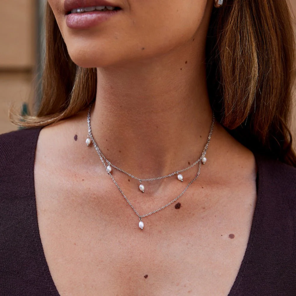 Kayla Pearl Drop Layered Silver Necklace - Image 2
