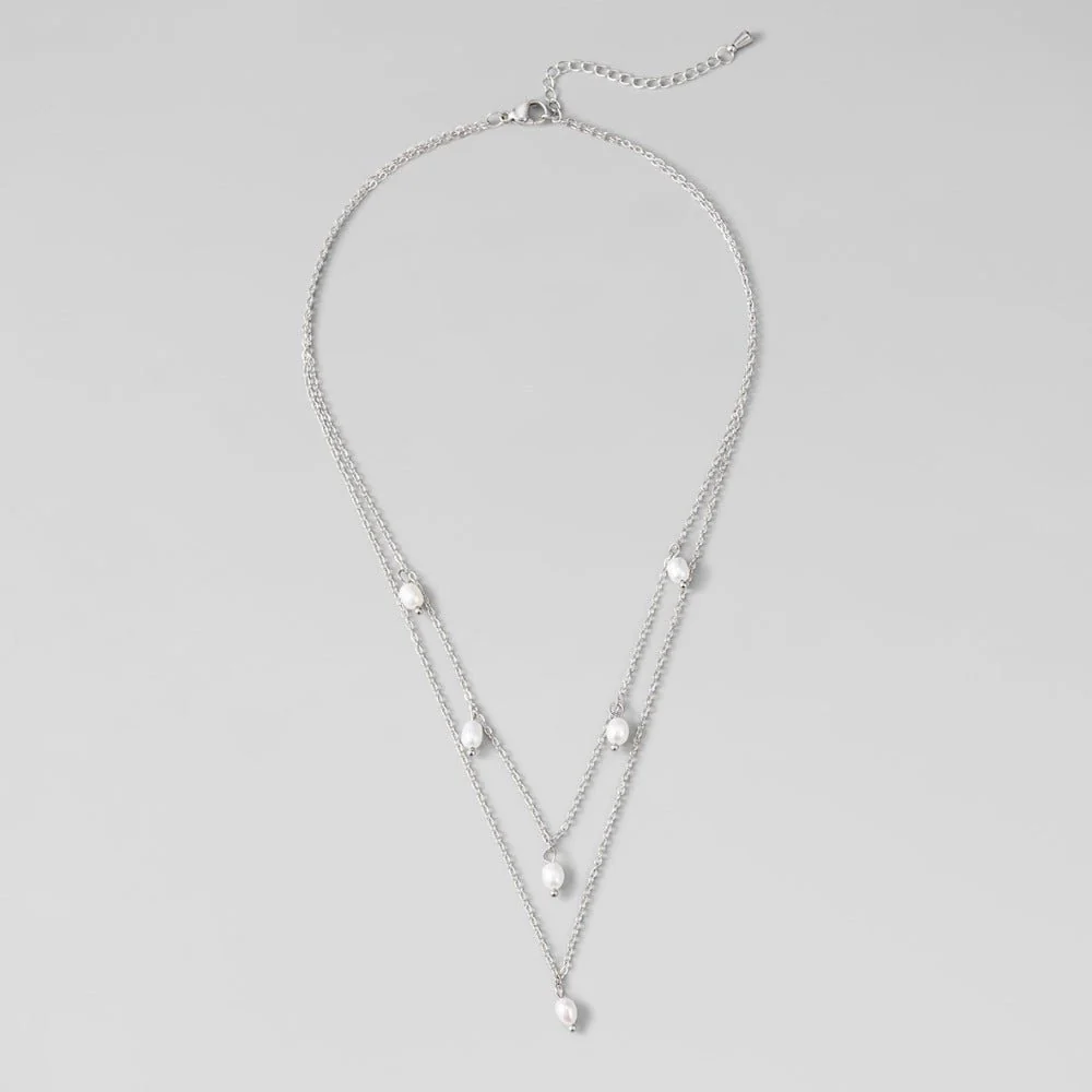 Kayla Pearl Drop Layered Silver Necklace - Image 3