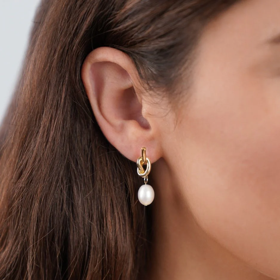 Knotted Gold & Freshwater Pearl Earrings - Image 2