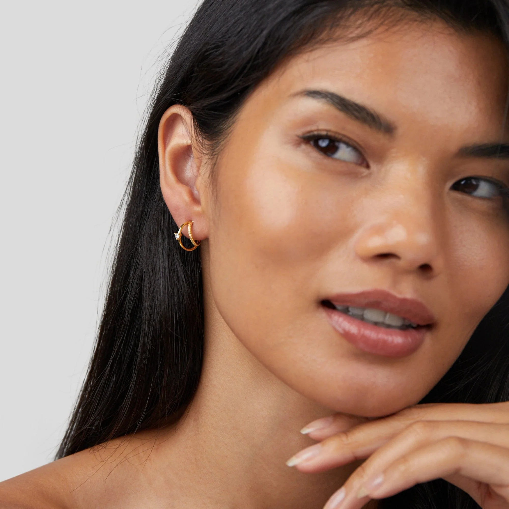 Layered Crystal Gold Hoop Earrings - Image 3