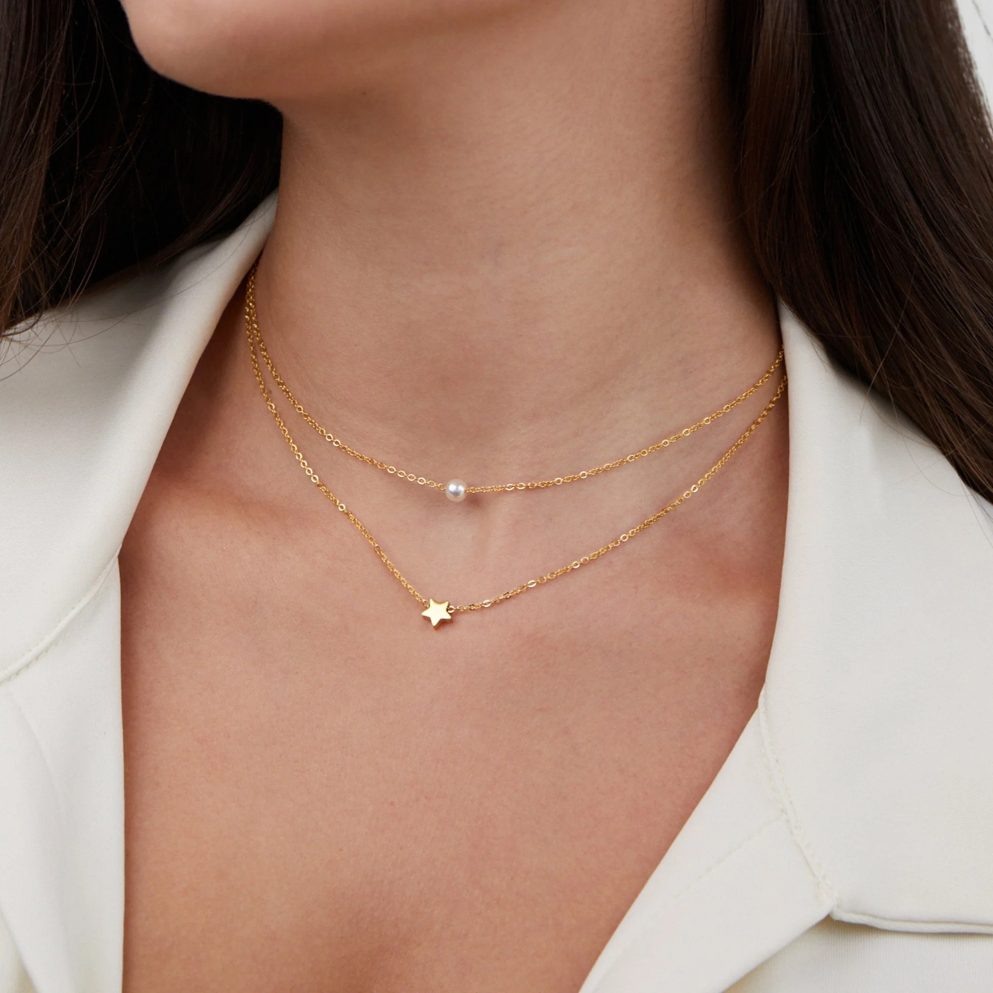 Layered Gold Star & Pearl Necklace - Image 3