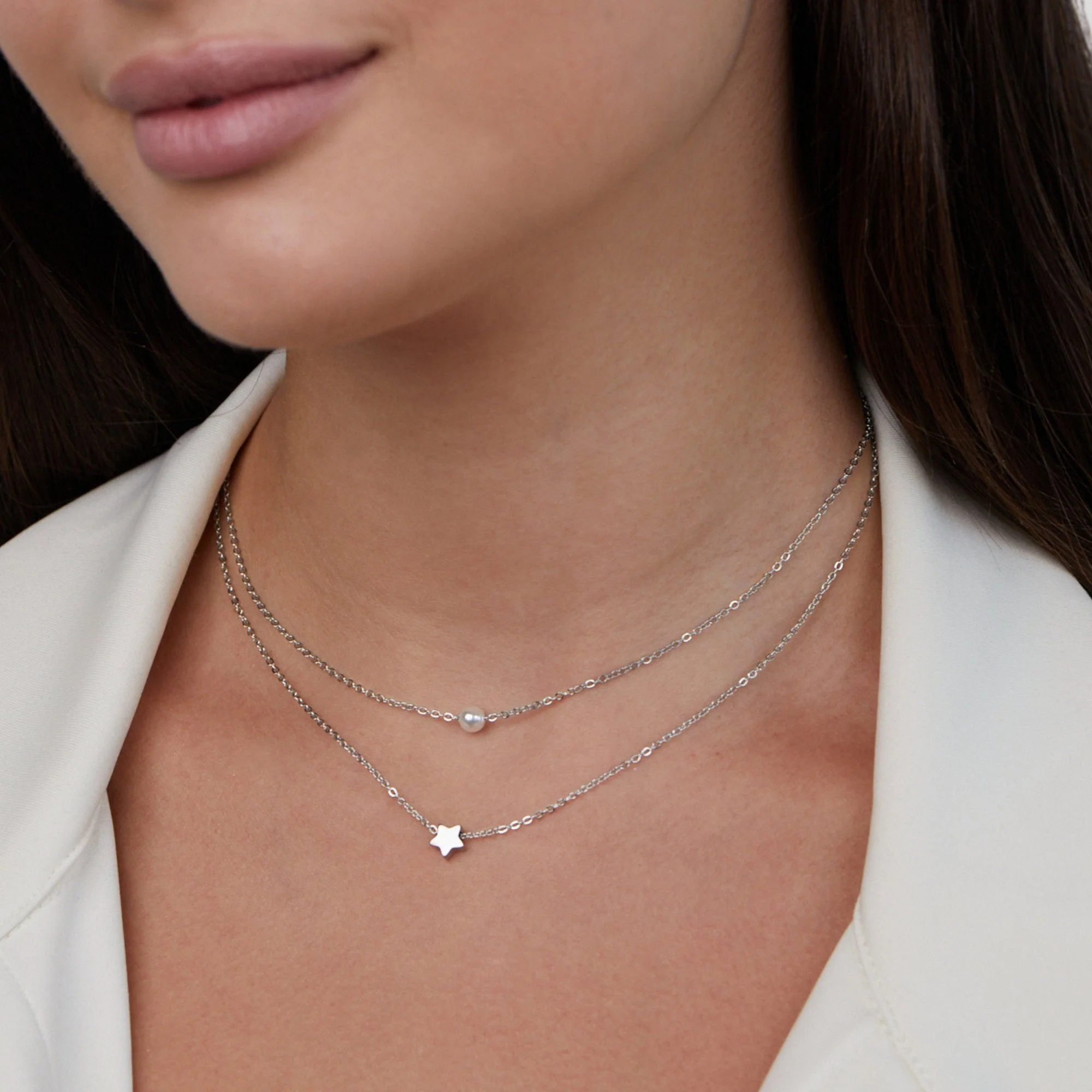 Layered Silver Star & Pearl Necklace - Image 3