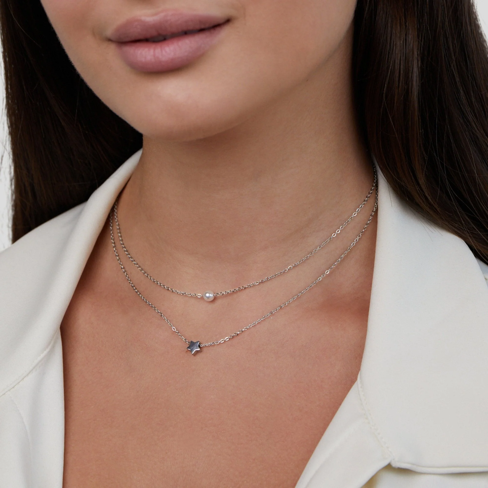 Layered Silver Star & Pearl Necklace - Image 5