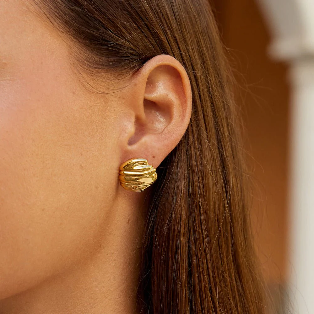 Lila Pleated Gold Button Earrings - Image 2