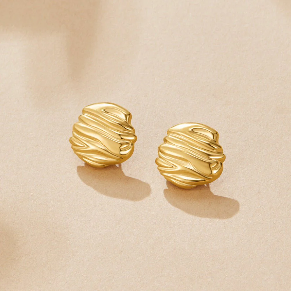 Lila Pleated Gold Button Earrings - Image 3