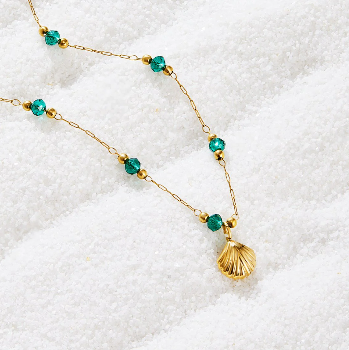 Nerissa Gold Shell & Green Bead Necklace - Image 10