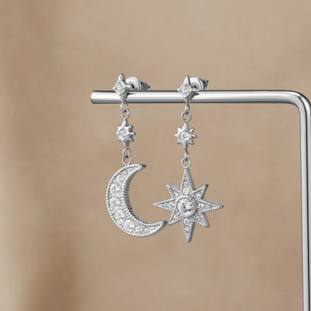 Silver Crystal Moon & Star Earrings - Image 4