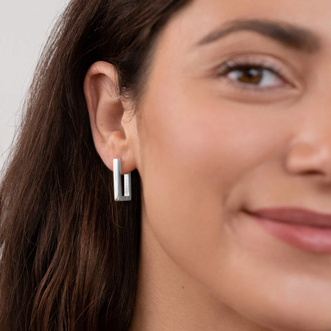 Silver Rectangle Hoop Earrings - Image 2