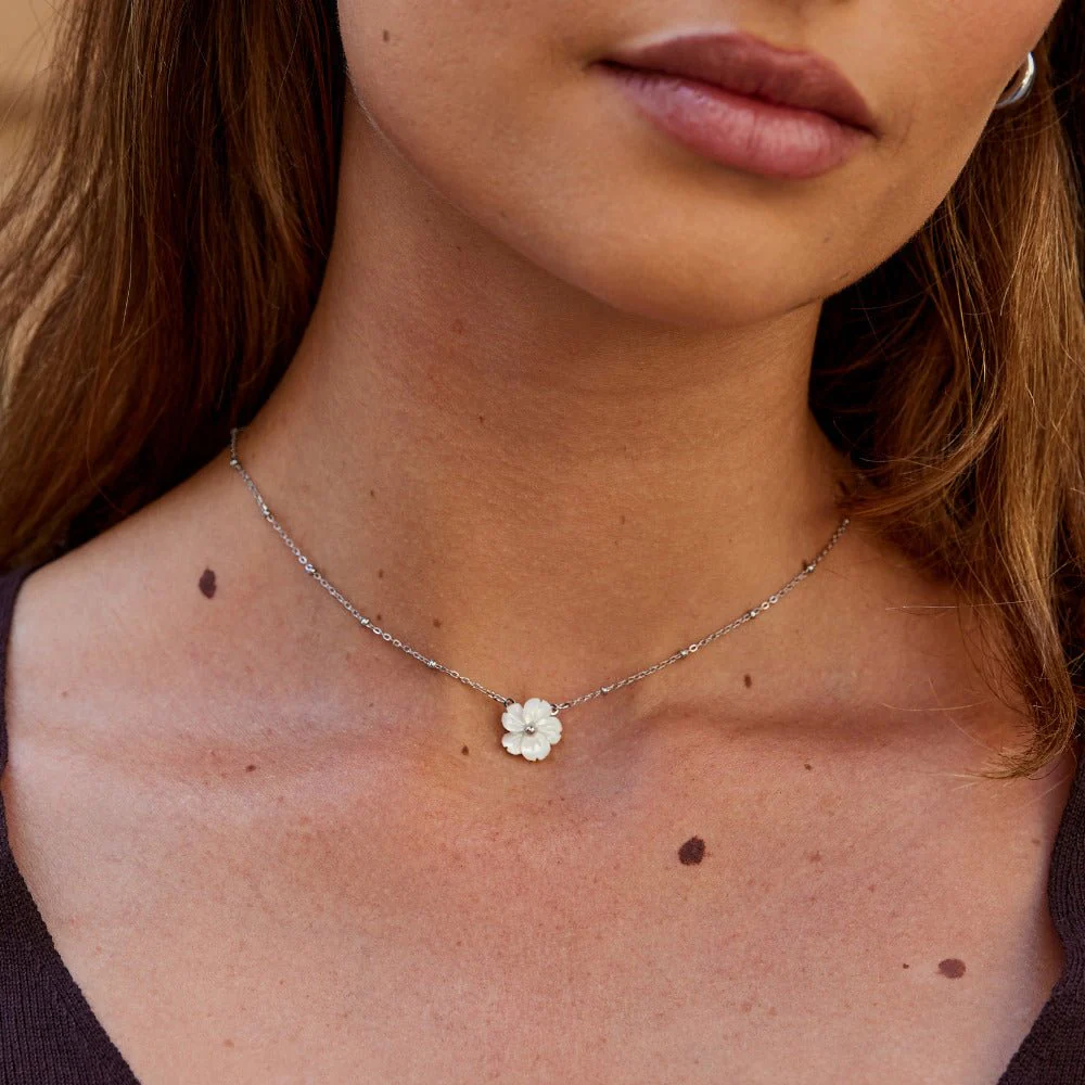 Silver White Blossom Flower Necklace - Image 2