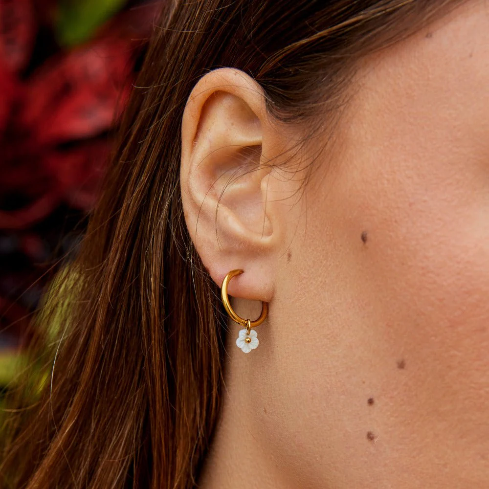 White Petal Shell Hoop Earrings - Image 2